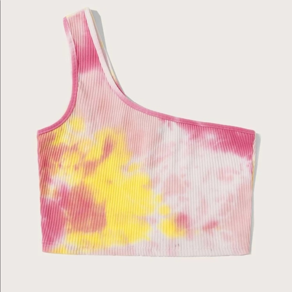 Pink tie dye one shoulder crop top SHEIN